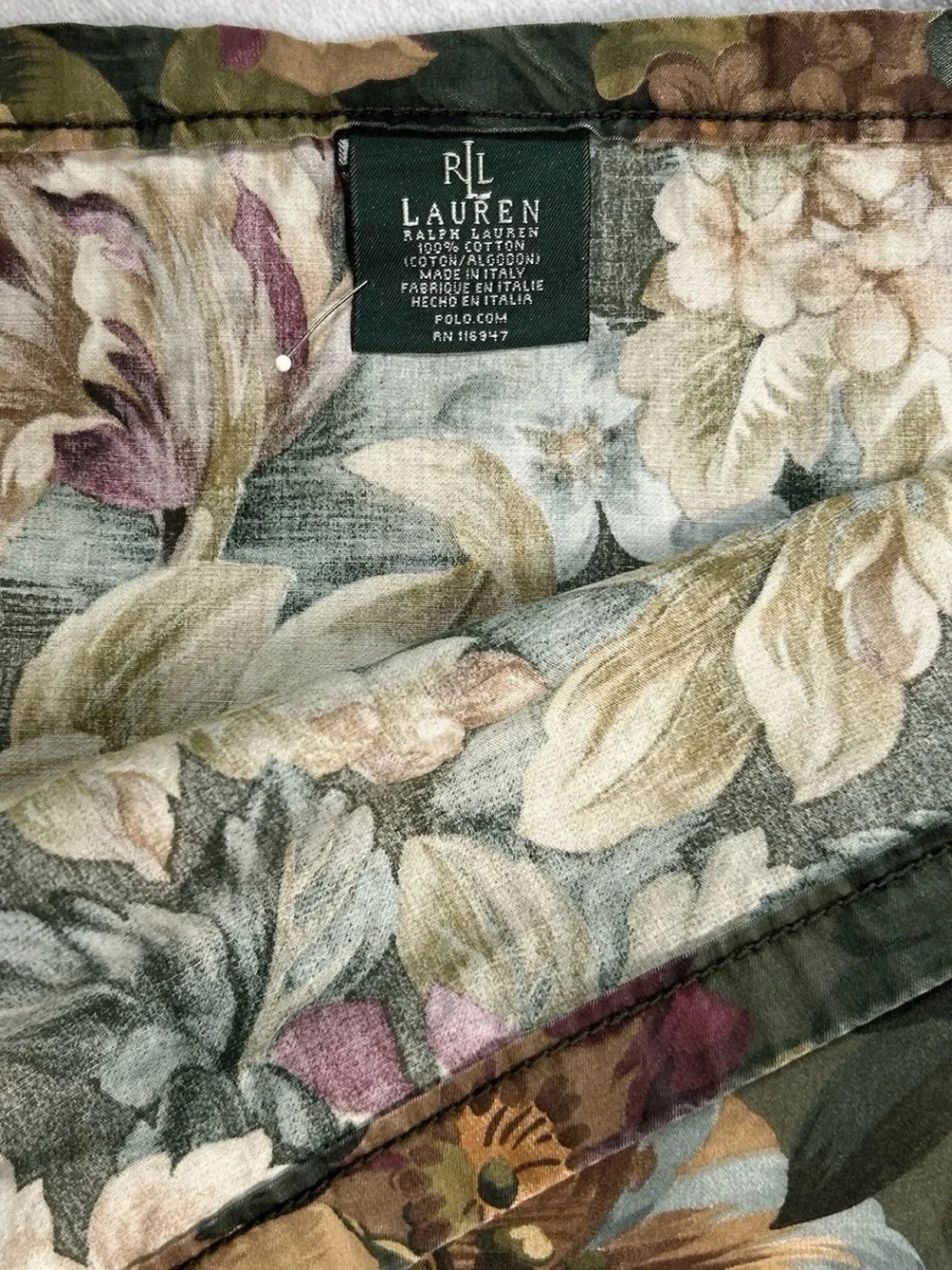 Vtg Lauren Ralph Lauren Edgefield Floral Double Flat Sheet Cotton Green Floral
